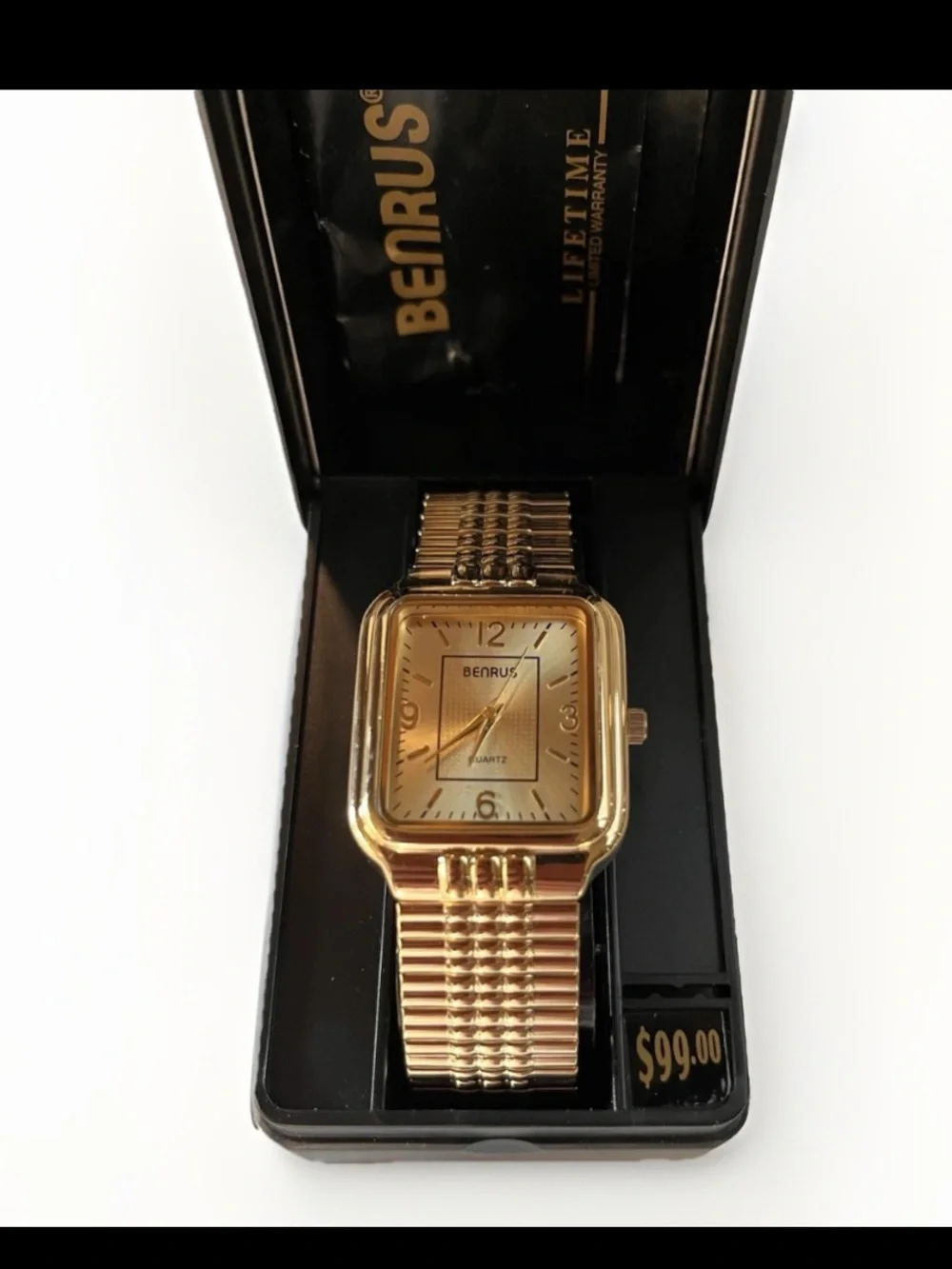 VTG Benrus Men Watch Quartz NOS Case/Papers Gold-tone Dial BN201M NIB Stretch